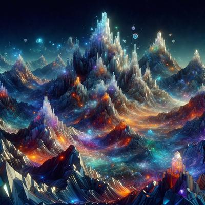 The primary subject of the image is a colorful, digital art depiction of a mountain range with a futuristic cityscape in the background. The setting is a dark, starry night, creating a dramatic and atmospheric scene. The visual style is a combination of digital art and illustration, showcasing the artist's creativity and skill. The colors and mood of the image are vibrant and captivating, with a sense of wonder and exploration.